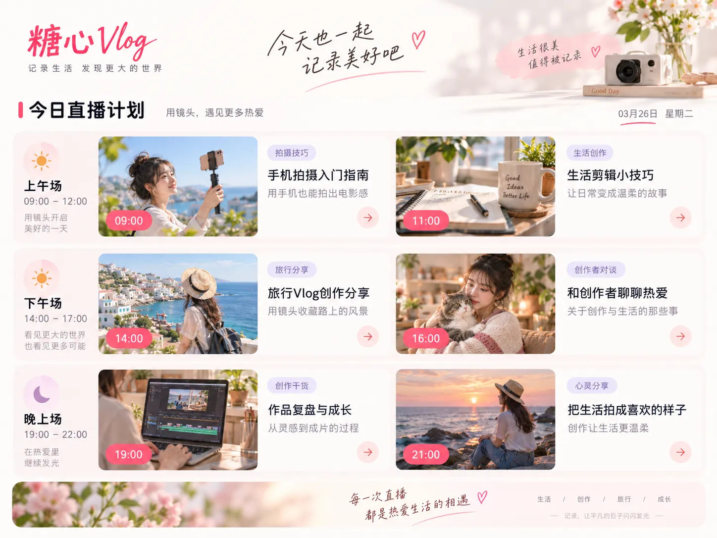 直播频道中的制作课堂分时段排期画面